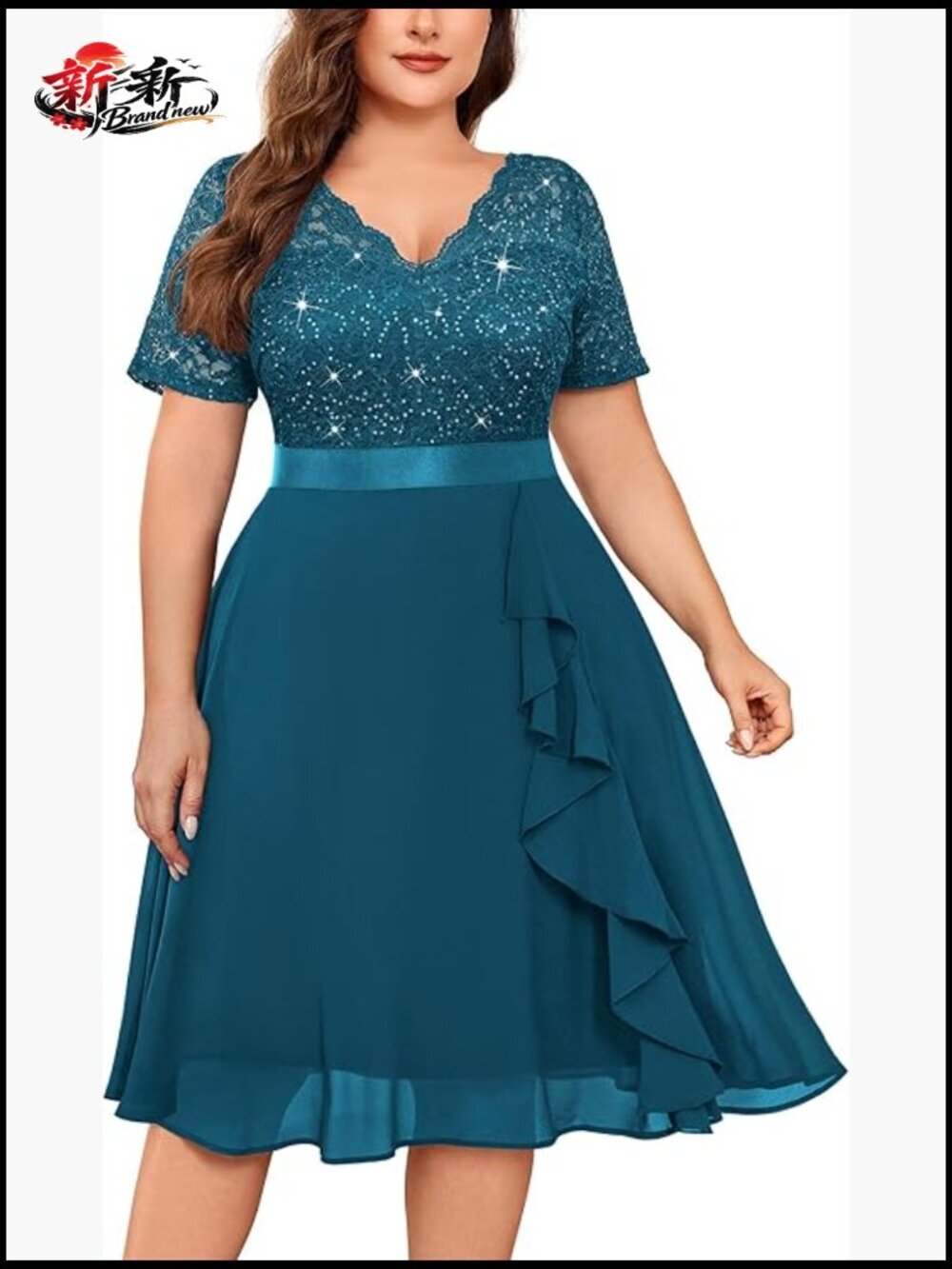 Plus Size Sequin Lace Chiffon V-Neck Flowy Cocktail Party Prom Midi Dress